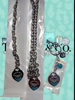 🩵*3 T All Day Set Silver Blue Oil Drip Engraved Bracelet,Necklace,Keychain🩵